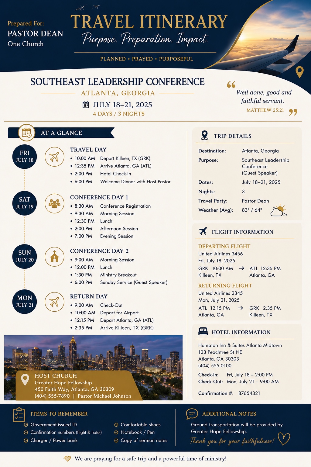 Conference itinerary with schedule, flight, hotel, and event details